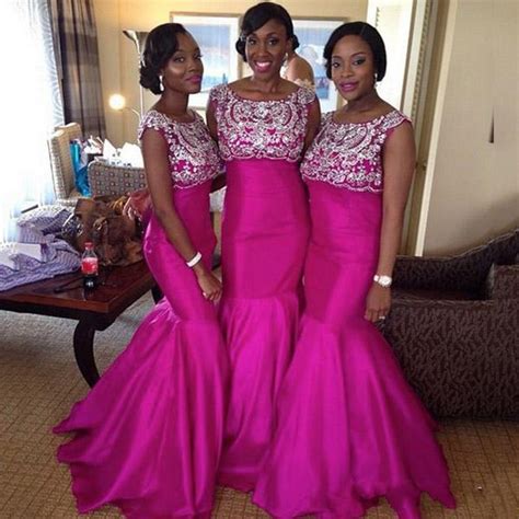 Fuschia African Bridesmaids Dresses Long Sexy Cap Sleeve Crystal Lace