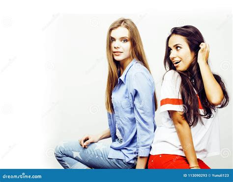 Best Friends Teenage Girls Together Having Fun Posing Emotional Stock