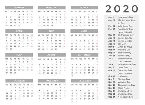 2020 Yearly Calendar Calendar Printable Free