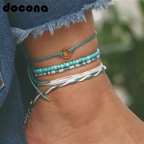 Docona Beach Blue Green Rope Wave Pendant Anklets For Women Wave Surfer