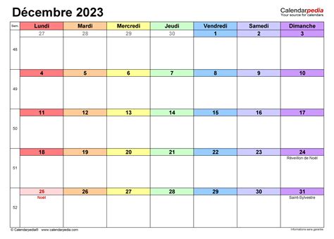 Calendrier décembre 2023 Excel Word et PDF Calendarpedia