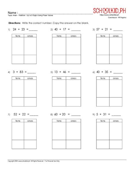 Addition Up To 2 Digits Using Place Values Worksheet For 1st 2nd