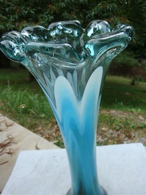 Hand Blown Glass Vase Aqua Blue White And Green 17 Etsy Hand Blown Glass Glass Blowing