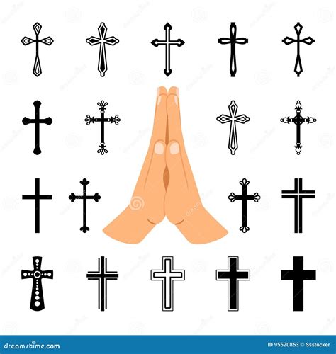 Praying Hands With Christian Crosses Signs Stock Vector Illustration