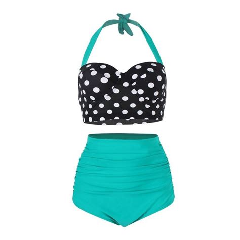 women vintage swimsuits bikinis bathing suits retro halter underwired top green black