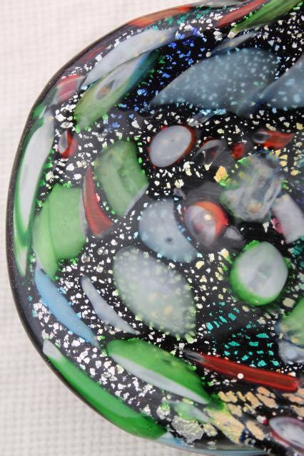 Vintage Murano Art Glass Bowl Millefiori Confetti Multi Colors Silver Flake On Black Glass