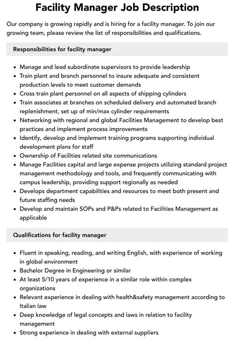 Facility Manager Job Description Velvet Jobs