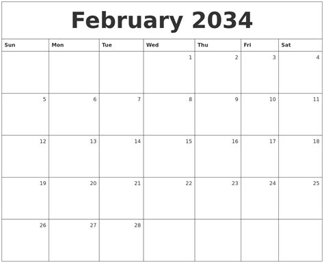 February 2034 Monthly Calendar