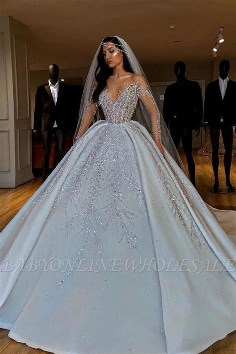 Sparkle Diamond Long Sleeves Luxury Ball Gown Wedding Dresses Vestidos De Novia Vestidos De