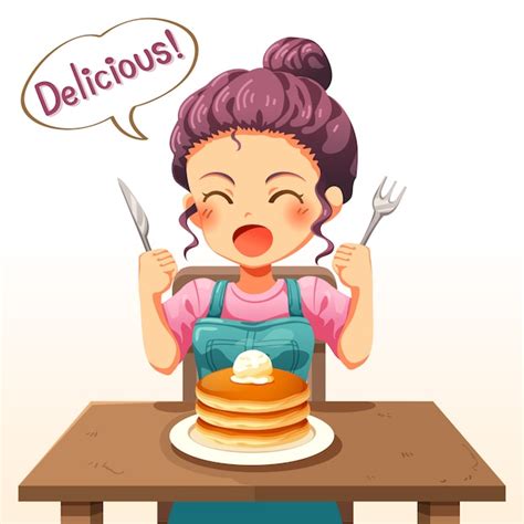 Illustration Of A Little Kid Girl Eating Pancakes Premium Vector