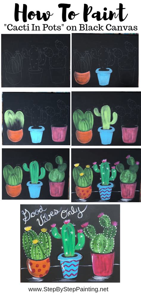 How To Paint Cactus On Black Canvas Step By Step Painting Canvas