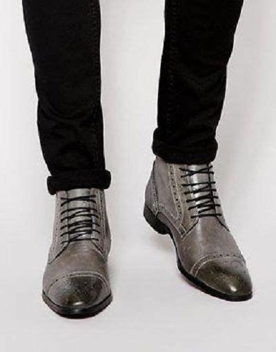 Handmade Men Gray Leather Brogue Ankle High Boots Lace Rebelsmarket