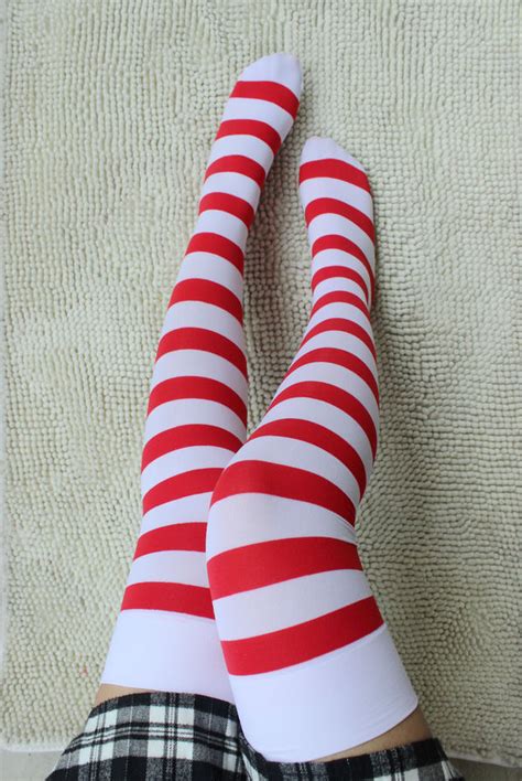 Striped Kawaii Thigh High Stockings Red White Cosplay Stockings On Storenvy