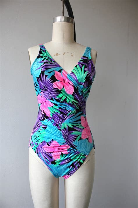 Vintage 1980s Bathing Suit 80s Bright Neon Floral S Gem