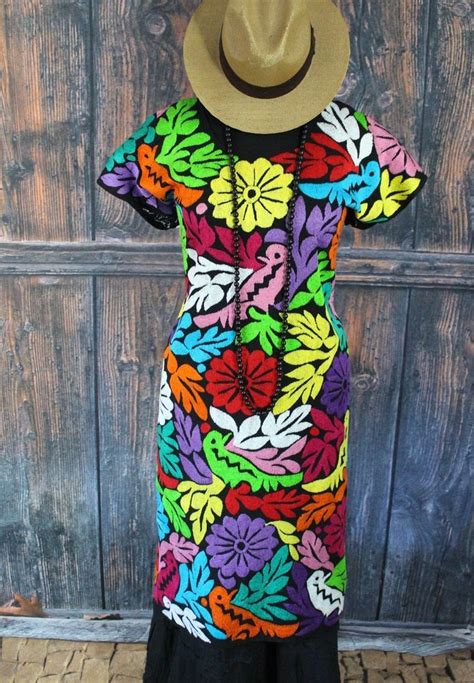 multi color jalapa hand embroidered huipil dress oaxaca mexico peasant hippie mexican dresses