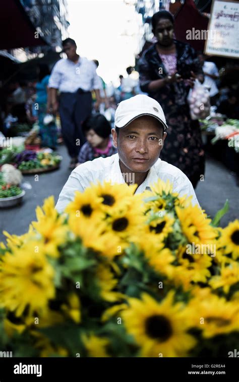 Flower Vendor In A Street Market Of Yangon Myanmar Stock Photo Alamy