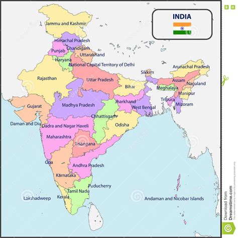 Mapa Político De La India Con Nombres Ilustración Del Vector