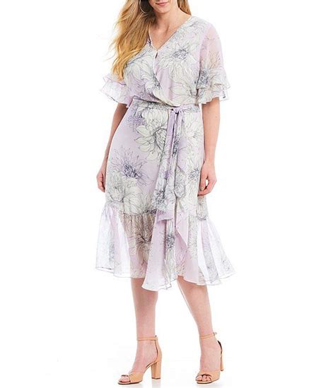 Vince Camuto Plus Size Floral Print Tiered Ruffle Short Sleeve Midi