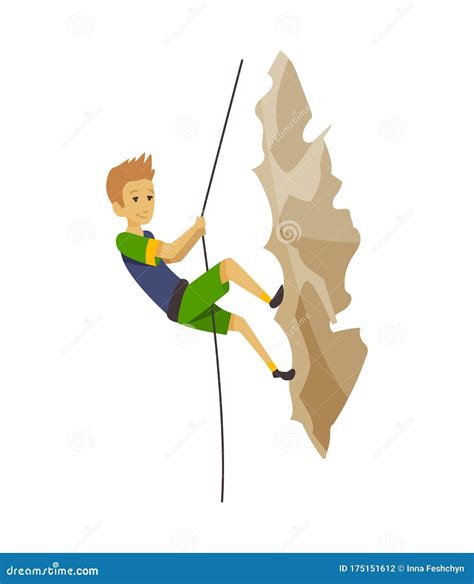 Boy Climbing On A Rock Mountain With Equipment Extreme Outdoor Sports