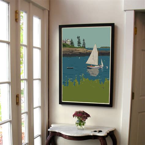 Sailing Long Cove Art Print 24 X 36 Framed Wall Poster Maine Alan