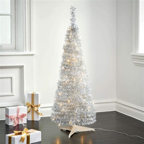 Pop Up Christmas Tree With Lights 4 Ft Silver Tinsel