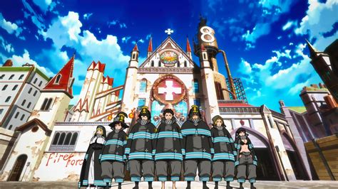 fire force shinra kusakabe and others standing in front of church hd anime wallpapers hd