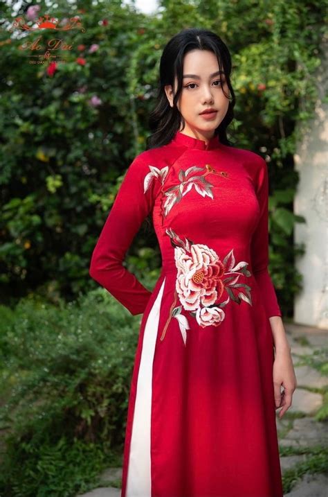 Flower Embroidered Ao Dai Red Silk Vietnam Dress With Etsy