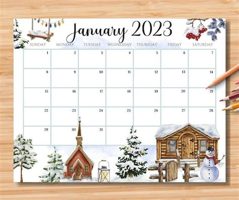 Editable January 2024 Calendar Beautiful Winter At A Village Etsy