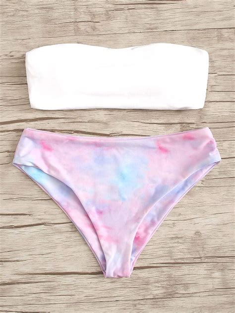White Bandeau Top Swimsuit With Tie Dye Low Rise Bikini Bottom
