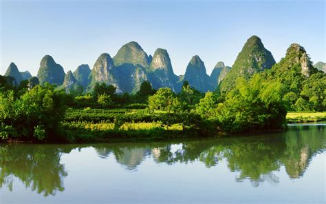 Guilin Yangshuo Landscape China Mountains River Water Reflection