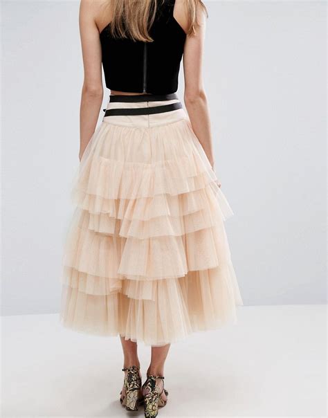 Asos Tulle Midi Prom Skirt With Tiers And Tie Waist Pink Tiered