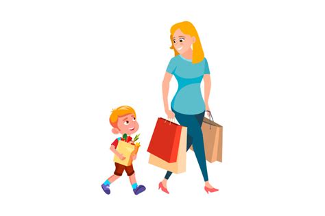 Boy Child Help Woman Carrying Shopping Bag Vector By Pikepicture