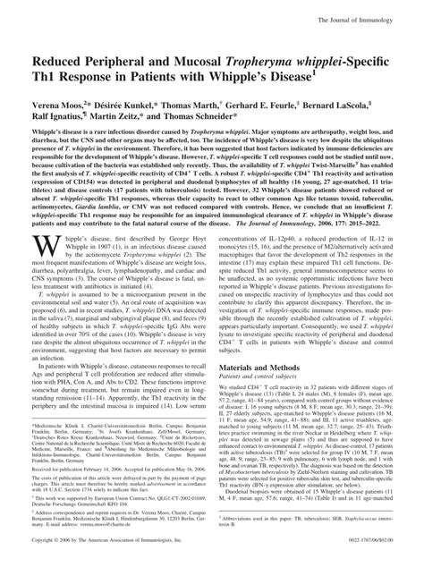Pdf Reduced Peripheral And Mucosal Tropheryma Whipplei Specific Th1