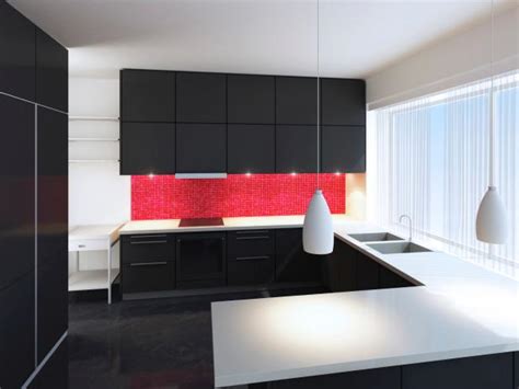 Light wood and white kitchen cabinets, white floor tiles, red walls. Contemporary Kitchens | HGTV