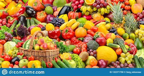 Assorted Fresh Ripe Fruits And Vegetables Food Concept Background
