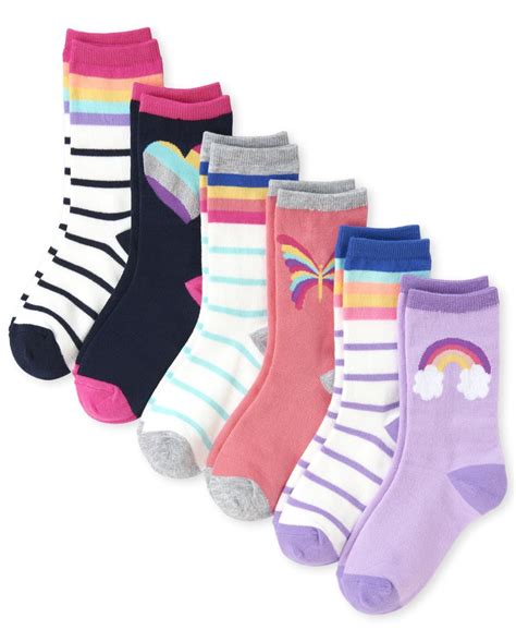 Girls Glitter Rainbow And Striped Crew Socks 6 Pack