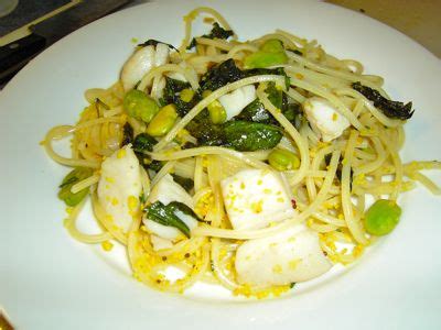 In everyday life, food on 02/12/11. Fava Beans, Ramps, Dandelions and Scallops over Pasta alla ...