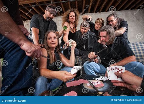 Biker Gang Lady Shows Winning Hand Royalty Free Stock Photography