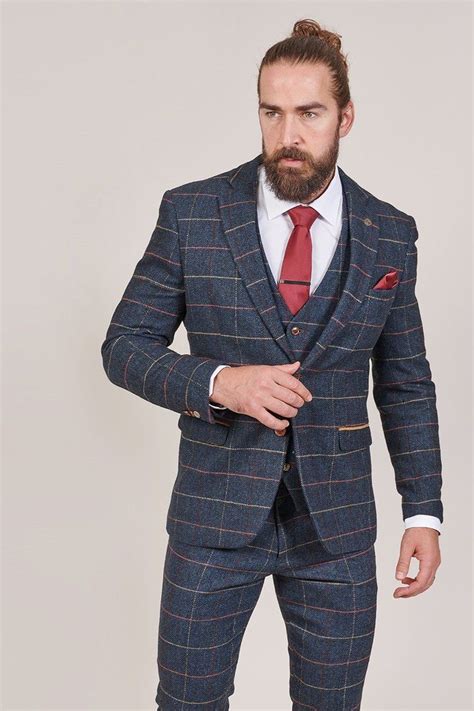 marc darcy eton navy check tweed style 3 piece suit designer suits for men double breasted
