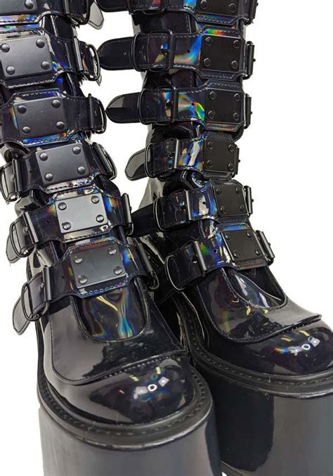 Demonia Shoes Swing 815 Black Holographic Patent Platform Boots Buy