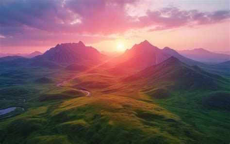 Premium Ai Image Sunset Over Majestic Mountain Landscape