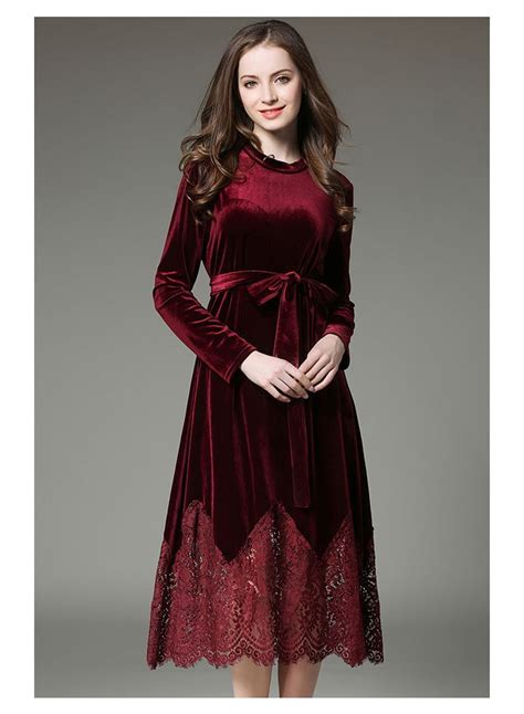 Spring Fall Velour Dress Womens Long Sleeve Belted Lace Patchwork Mid Calf Elegant Velvet