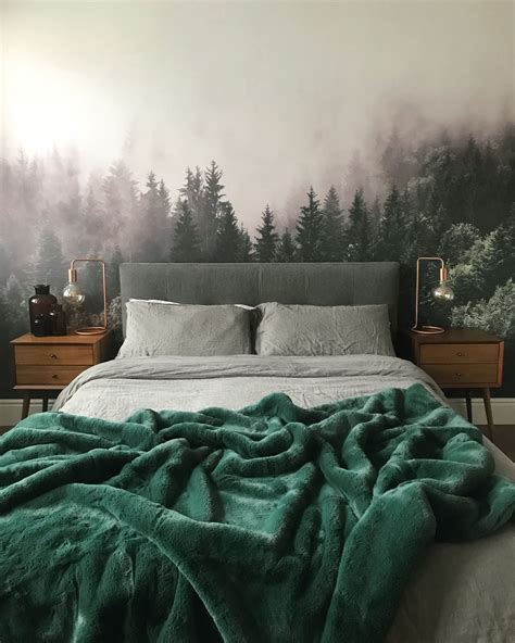 Forest Mural Wallpaper Bedroom Grey Washed Linen Bedding And Green