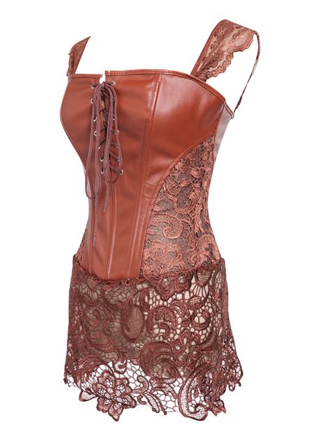 Brown Corsets Set Square Neck Lace Up Sleeveless Lace Patchwork Corset