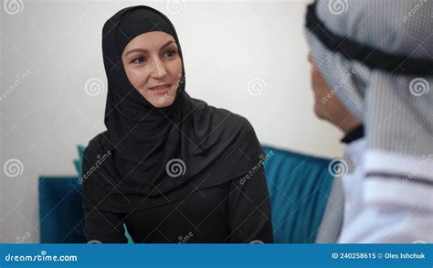 Portrait Of Beautiful Slim Middle Eastern Woman In Hijab Shayla Talking