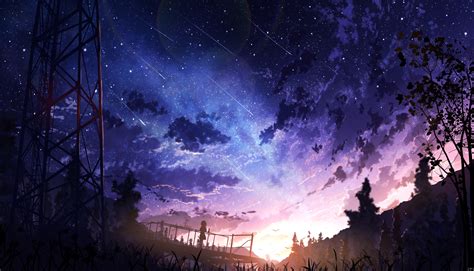 Huashijw Anime Landscape Sky Stars Meteors Sunset Anime Girls
