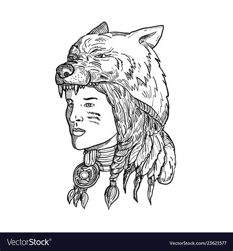 Native American Woman Wearing Wolf Head Royalty Free Vector