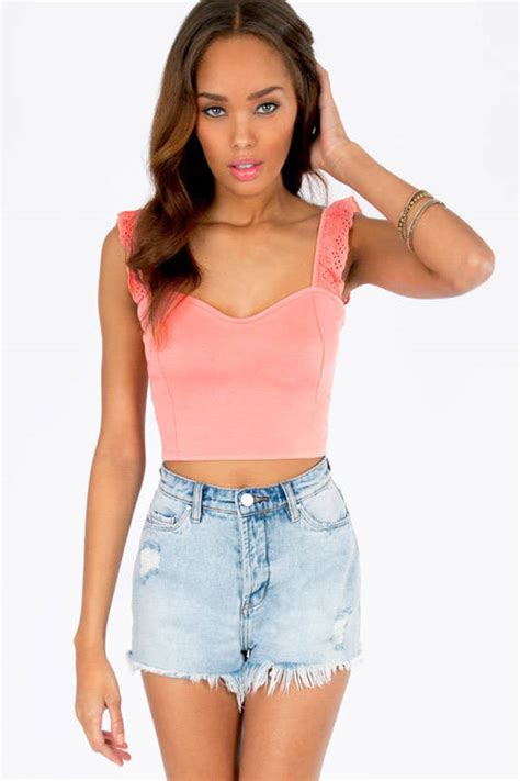 Ruffle Ends Crop Top In Coral 34 Tobi Us