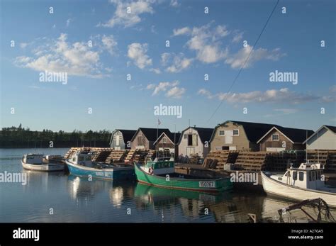 Boats In Harbor With Lobster Traps Stacked New London Prince Edward