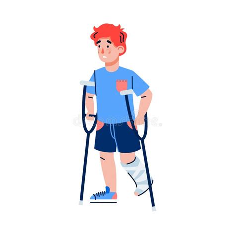 Boy With Fracture Of Leg On Crutches Flat Cartoon Vector Illustration